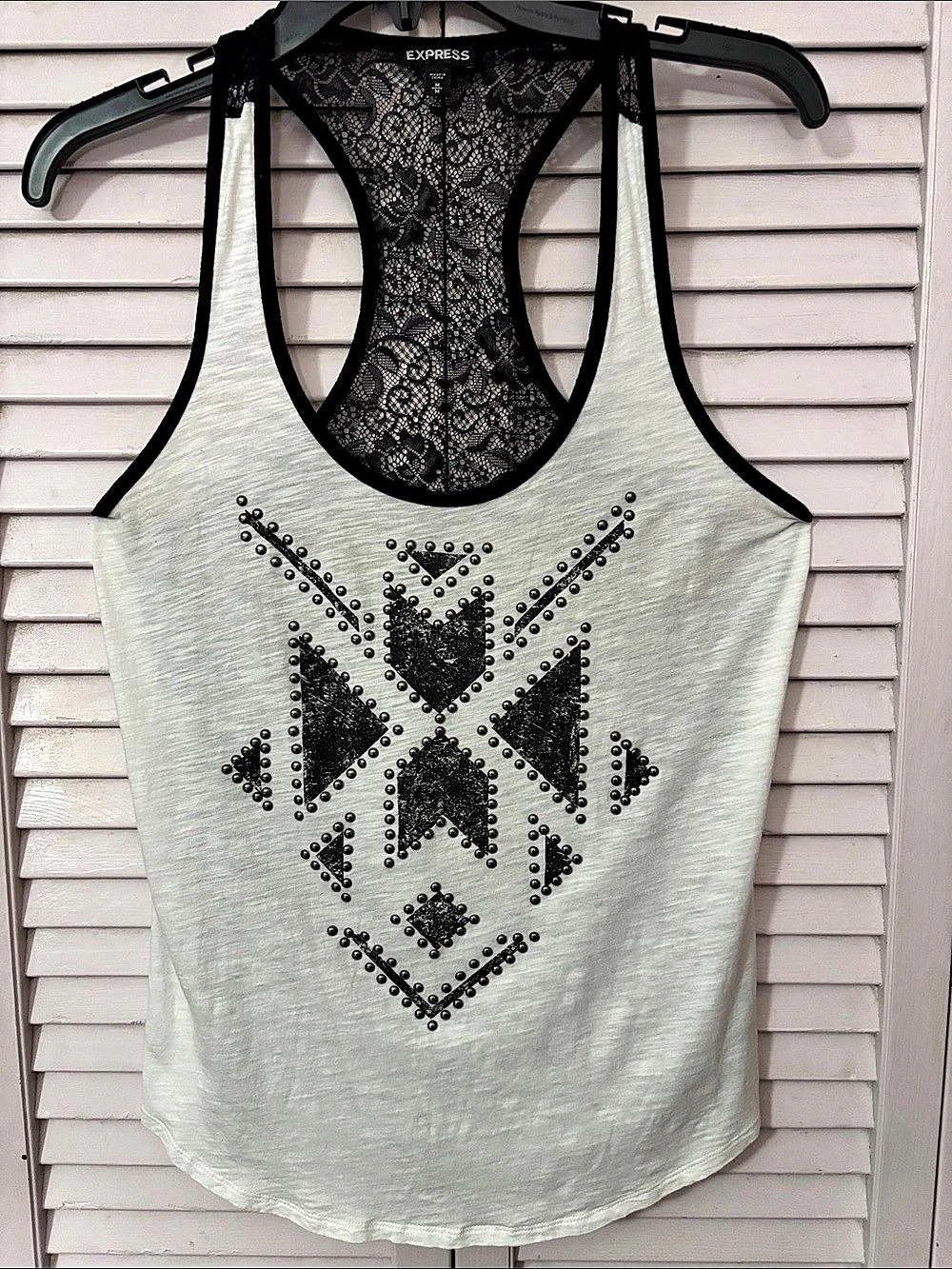 Express Studded Geo Lace Back Tank Top Gray & Black